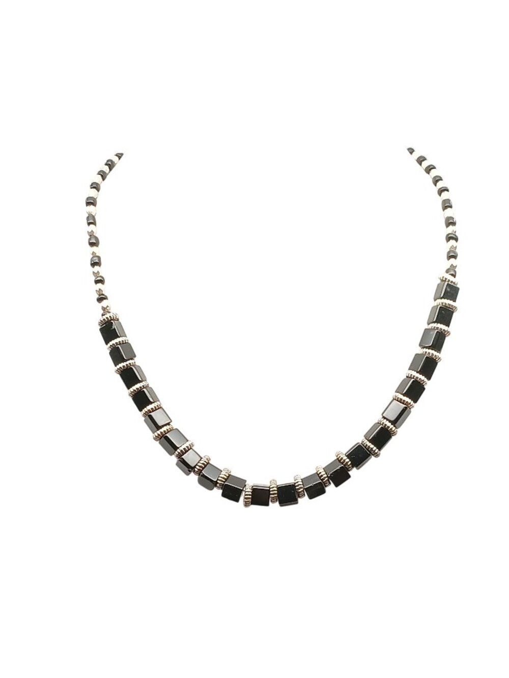Vintage Black Glass & Silver Tone Beaded Necklace with Geometric Accents